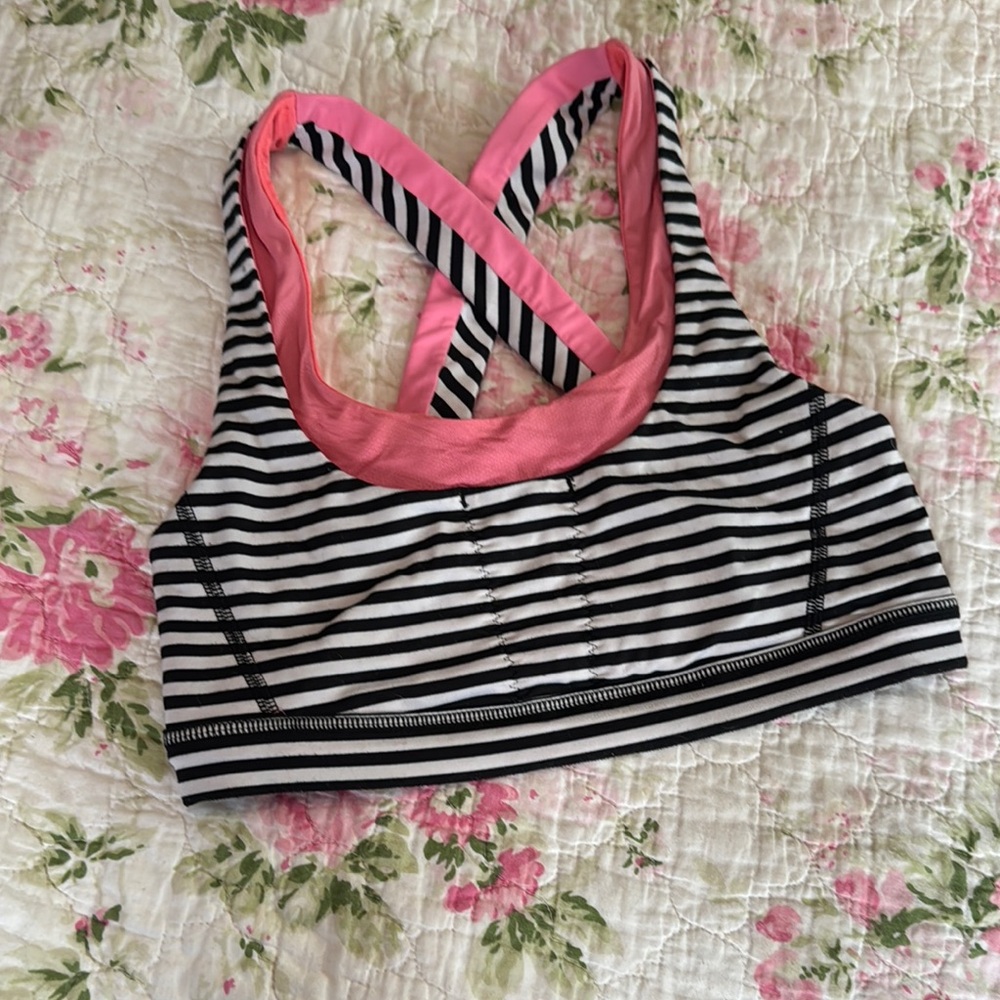Lululemon Striped Black and White Sports Bra with Pink Accents